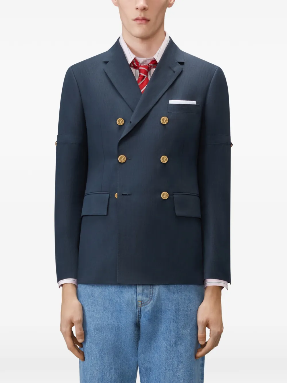 Thom Browne University Stripe jack met dubbele rij knopen Blauw