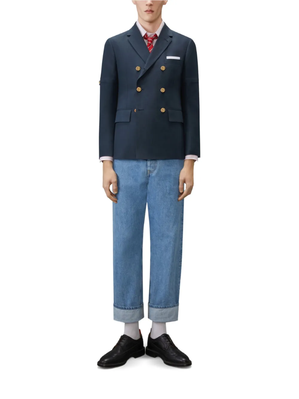 Thom Browne University Stripe jack met dubbele rij knopen Blauw