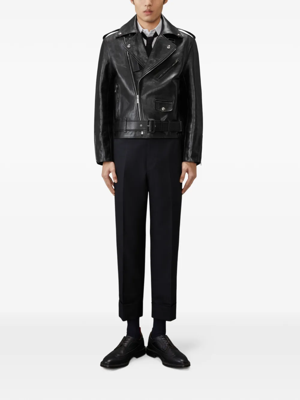 Thom Browne Leren bikerjack Zwart