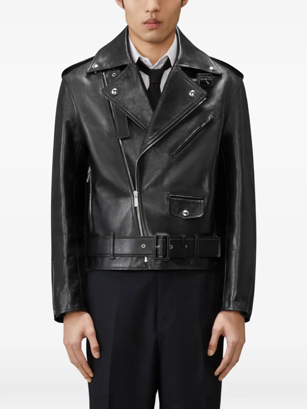 Thom Browne Leren bikerjack Zwart
