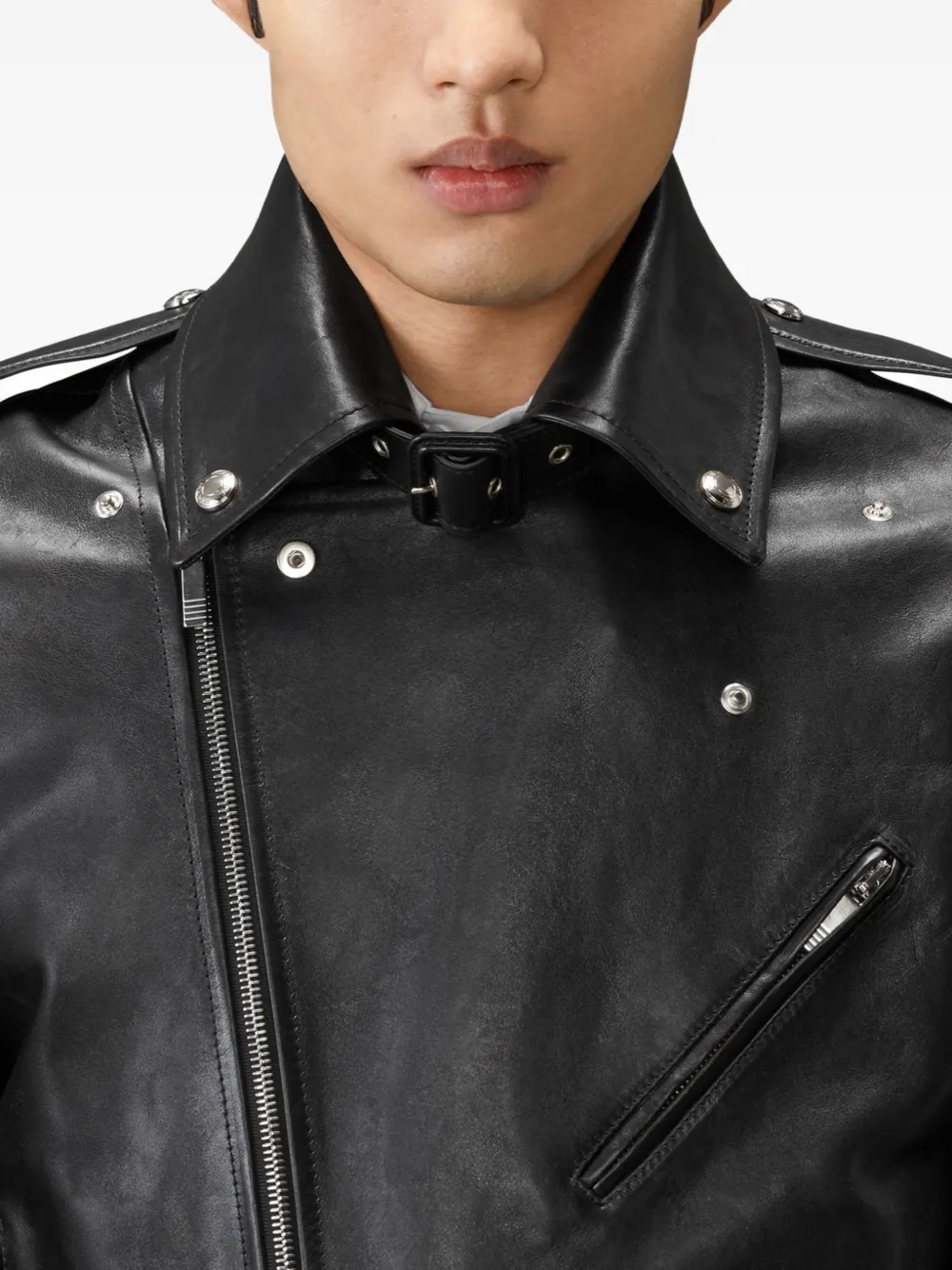 Thom Browne Leren bikerjack Zwart
