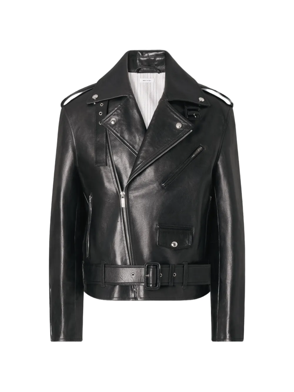 Thom Browne Giacca biker in pelle con cintura - Nero