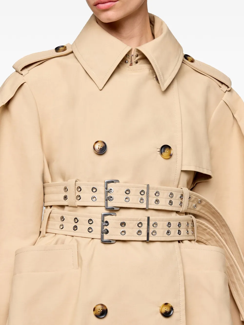 GANNI Trenchcoat met dubbele ceintuur en peplum taille Beige