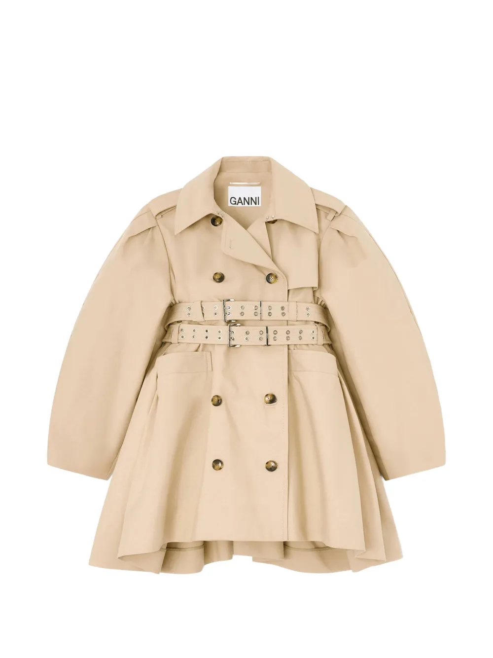 GANNI peplum-waist double-belted trench coat - Neutrals