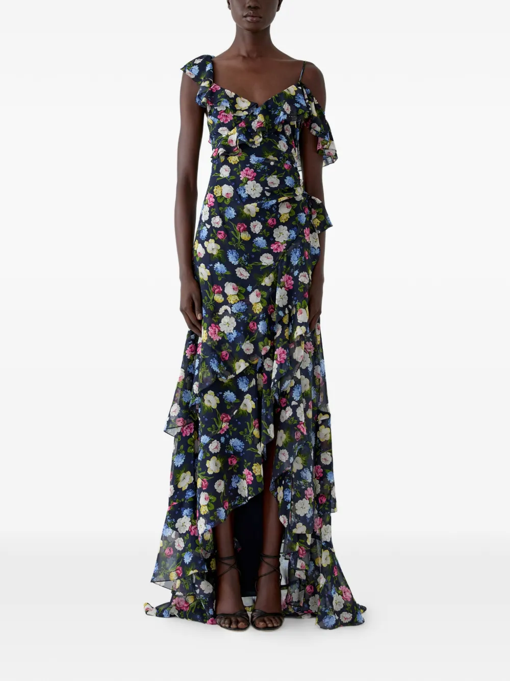 Carolina Herrera Asymmetrische jurk van gegolfde zijde met bloemenprint Blauw