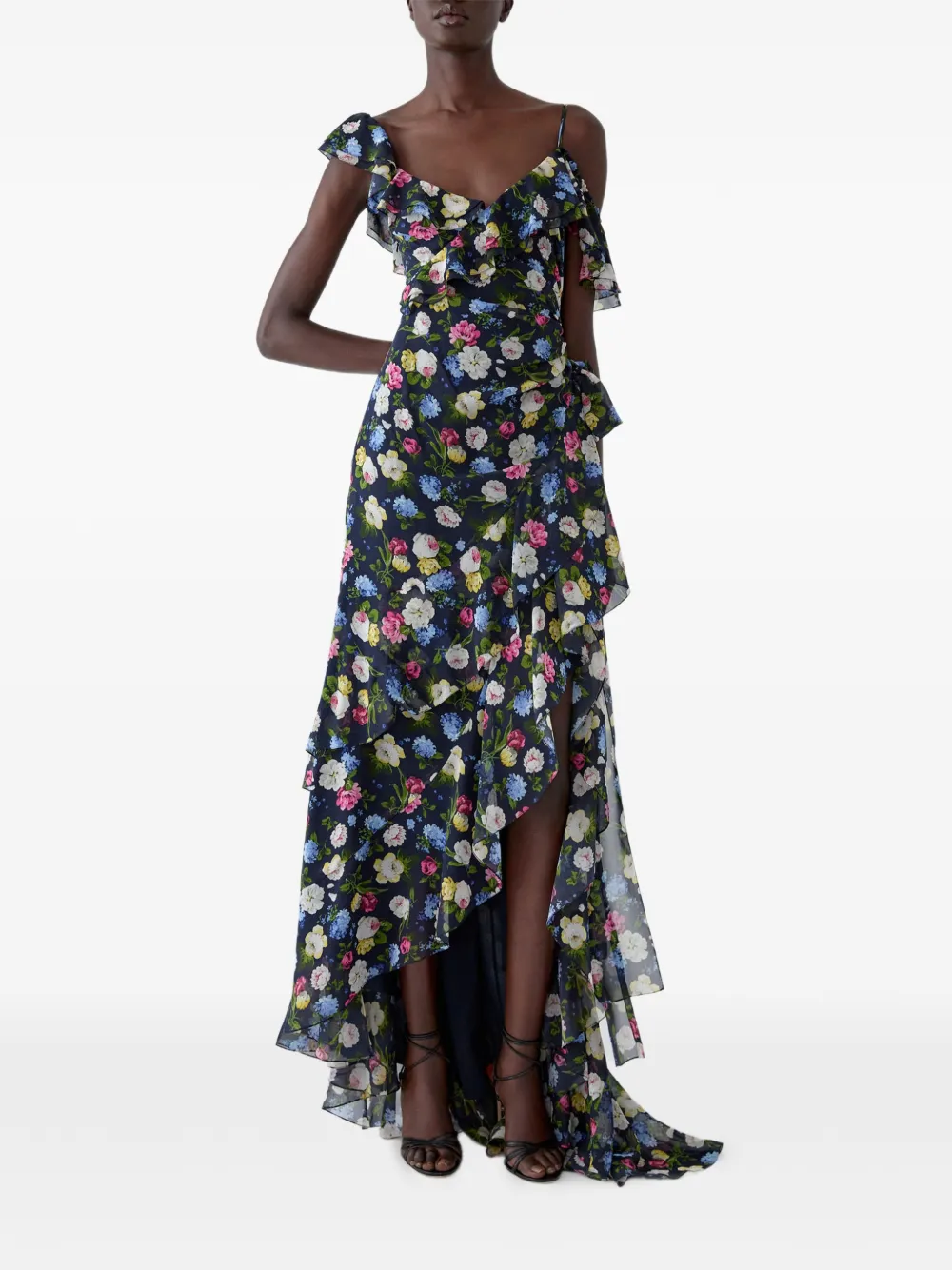 Carolina Herrera Asymmetrische jurk van gegolfde zijde met bloemenprint Blauw