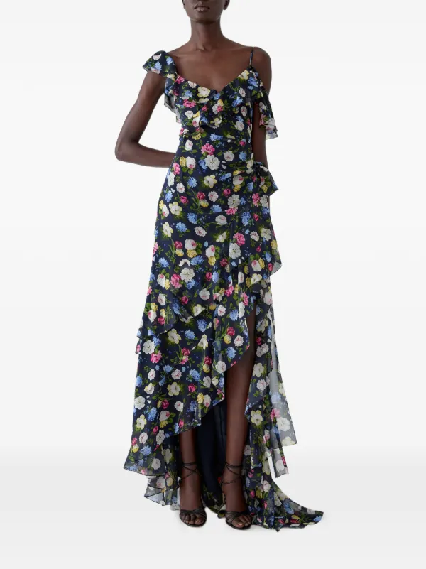 floral ruffle asymmetric silk dress Asymmetrical Ruffle Slip Dress