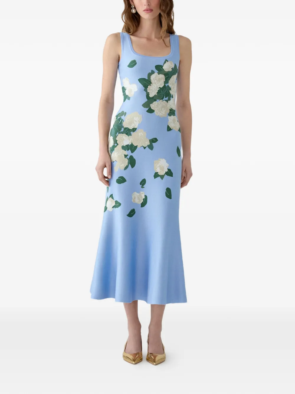 Carolina Herrera Gebreide midi-jurk met bloemen-jacquard Blauw