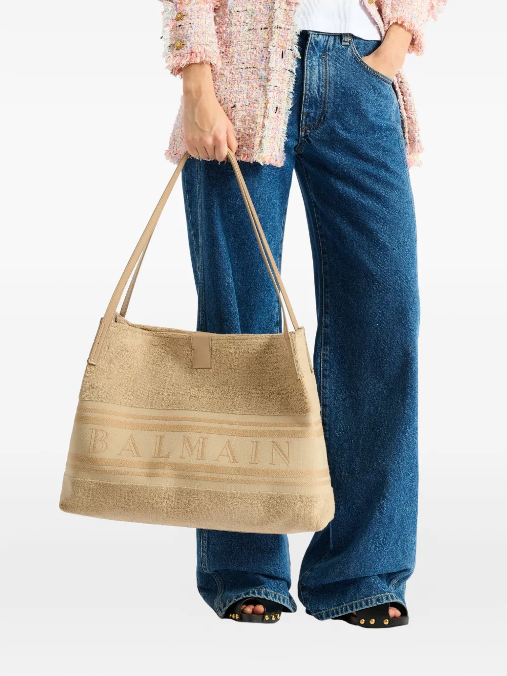 Balmain Medium Release shopper van katoenen bouclé Beige
