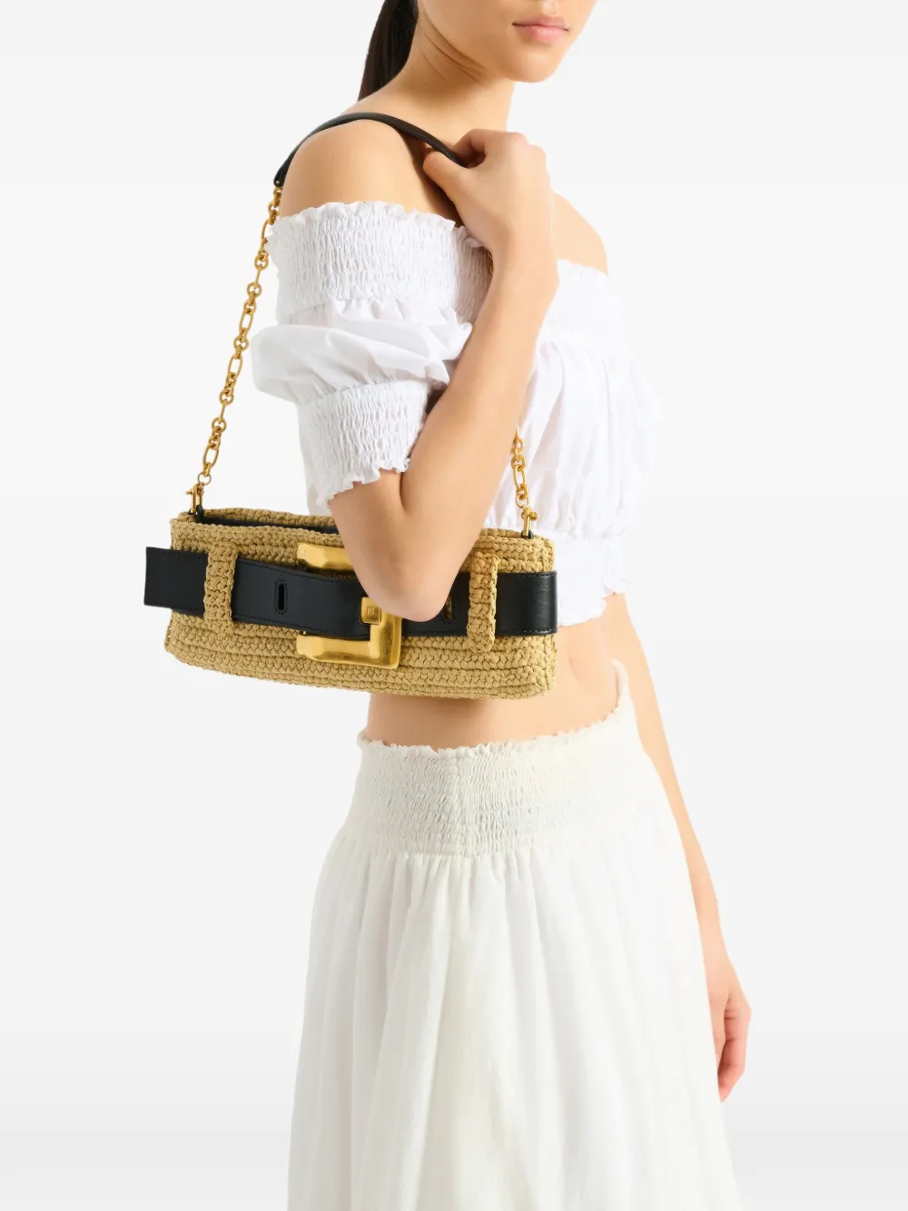 Balmain Anthem gehaakte clutch van glad leer Beige