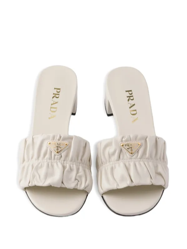 Prada Matelassé Ruched logo-plaque Sandals | Neutrals | FARFETCH
