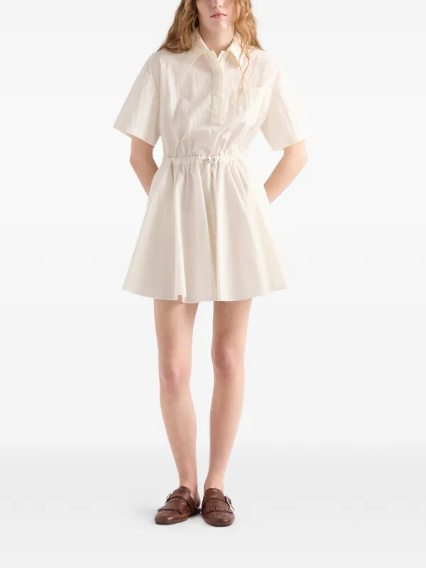 prada dress short Prada Short-Sleeve Pleated Cotton Twill Utility Dress