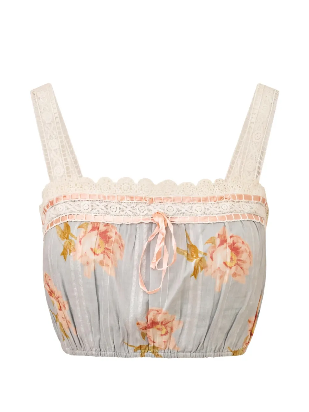 LoveShackFancy Beca peony-print lace-trim cropped blouse - Blu