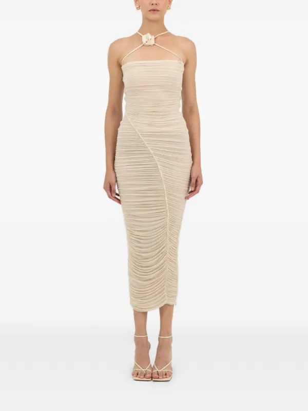 jacquemus mini dress La Robe Sierra in Light Ivory VM: New Maternity Color:Chocolate / Pink Stripe draped asymmetric neckline Long White Maxi Dresses