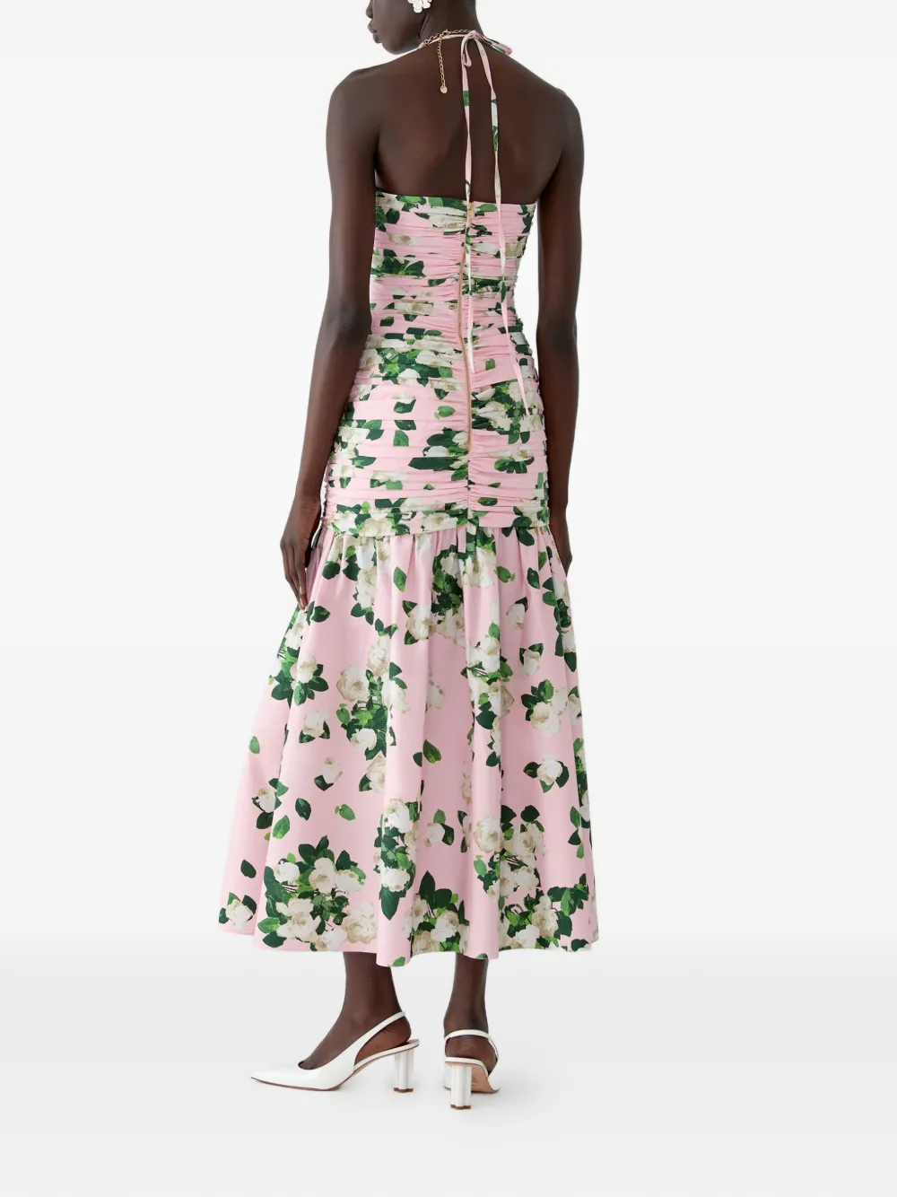 Carolina Herrera Gesmockte midi-jurk met roosprint Roze
