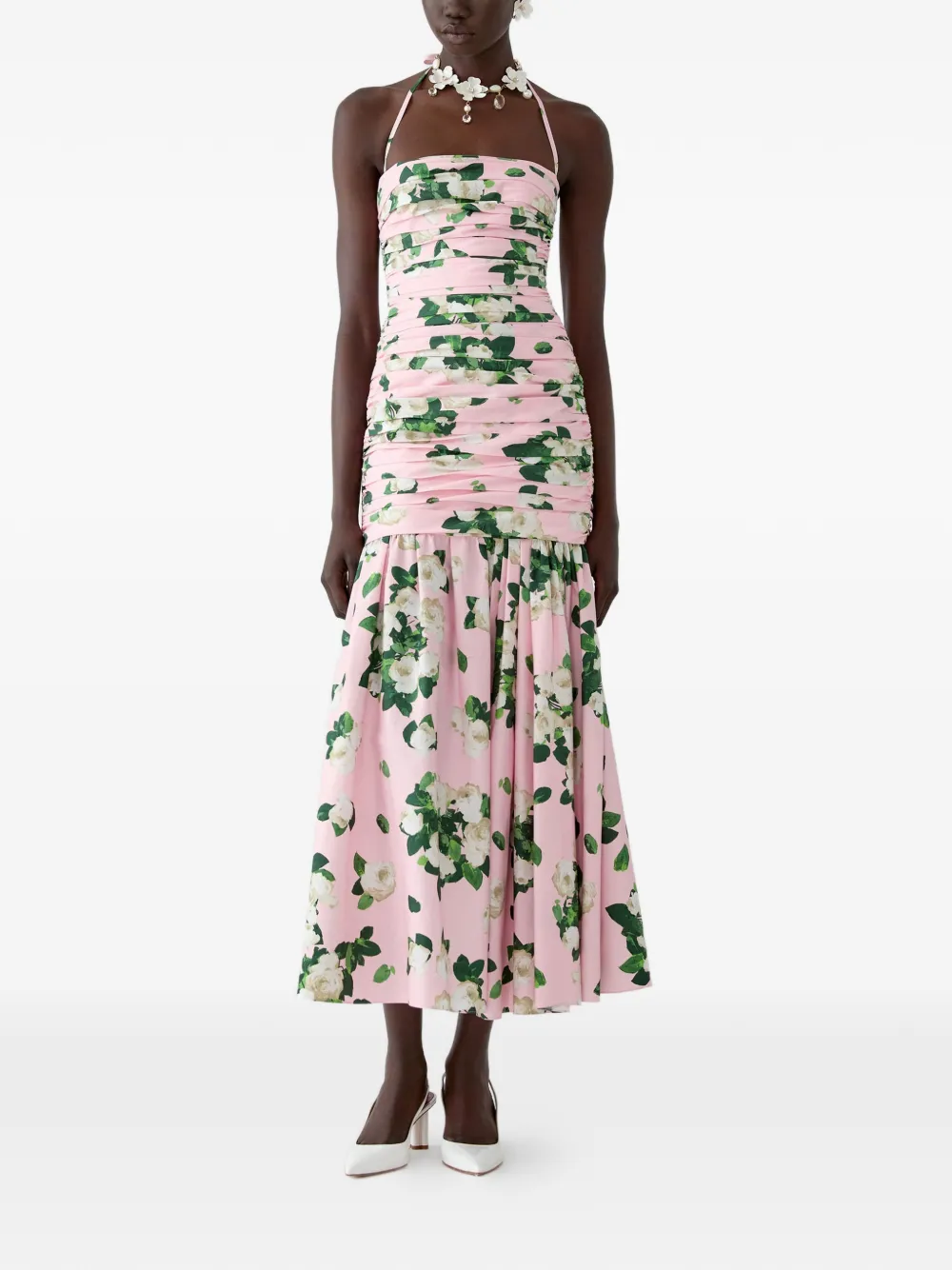 Carolina Herrera Gesmockte midi-jurk met roosprint Roze
