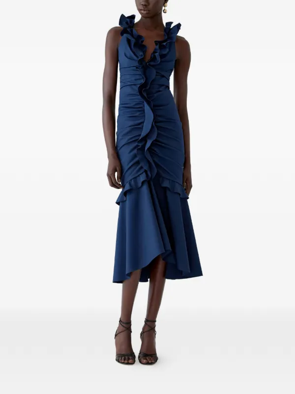navy blue maxi dress long sleeves NAVY BLUE LONG SLEEVE TRAPEZOID NECKLINE BODYCON FULL DRESS | CULT MIA