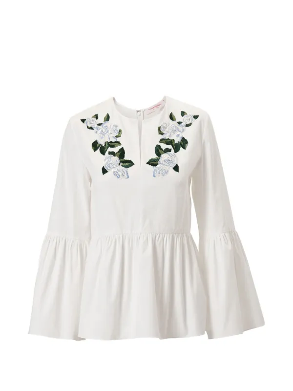 Carolina Herrera Floral-embroidered Bell Sleeve Top in White