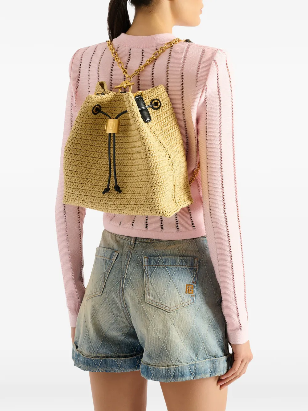 Balmain Pulse gehaakte en leren rugzak Beige