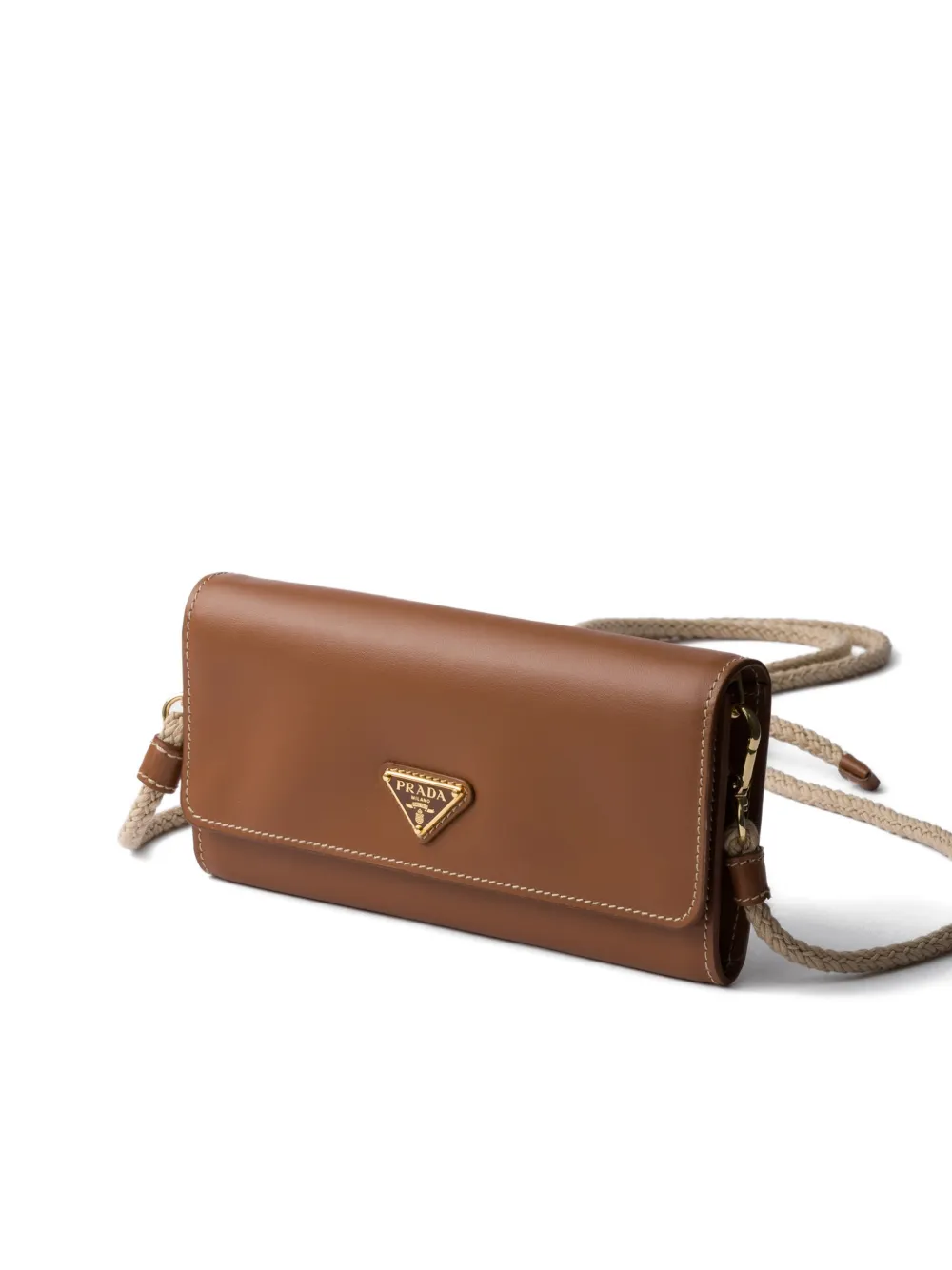 Prada Leren portemonnee met schouderband Bruin
