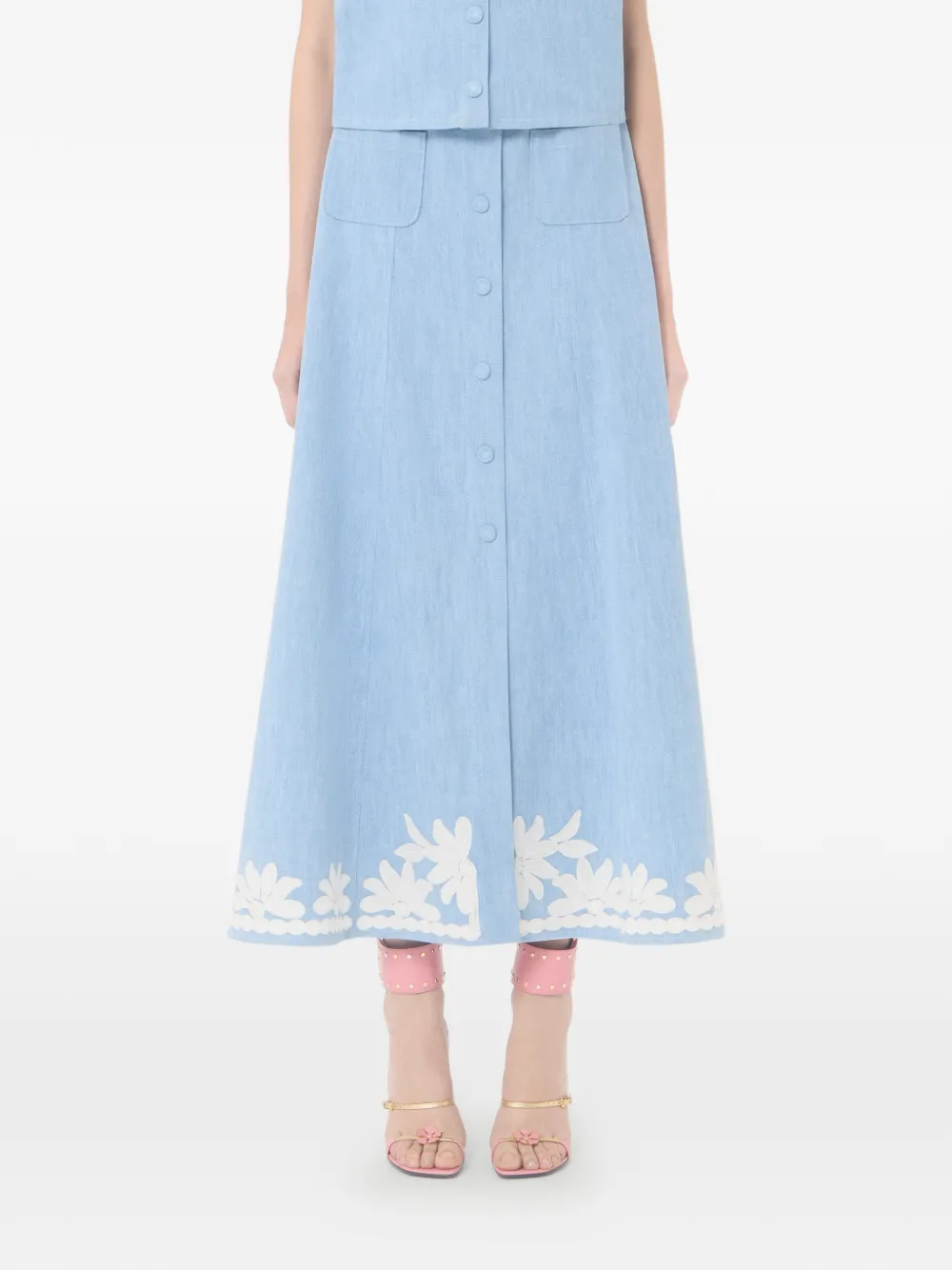 Valentino Garavani Denim midi-rok met borduurwerk Blauw
