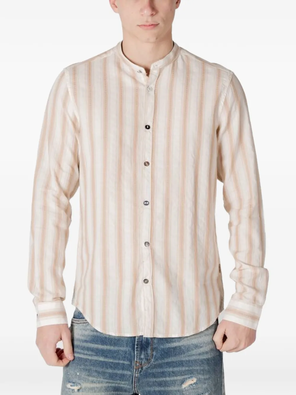 GIANNI LUPO vertical-stripe mandarin-collar shirt - Toni neutri