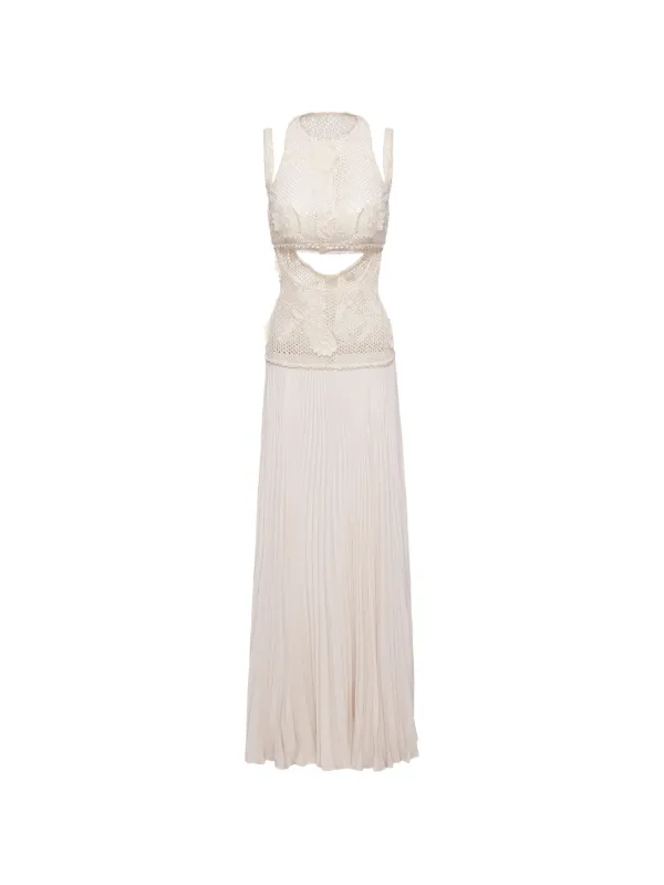 NISSA crochet-panel Pleated Maxi Dress | Neutrals | FARFETCH BH
