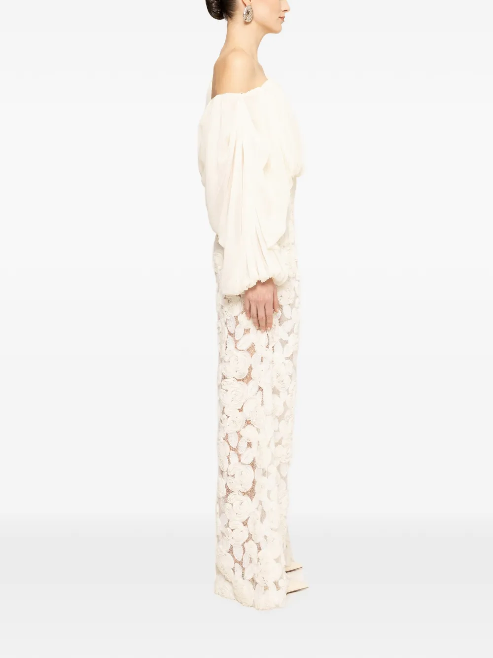 NISSA Broek met wijde pijpen en geborduurde bloemen Beige