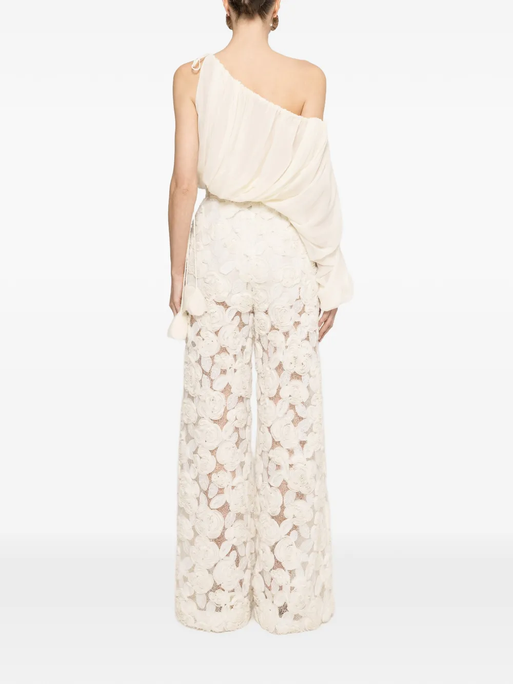 NISSA Broek met wijde pijpen en geborduurde bloemen Beige