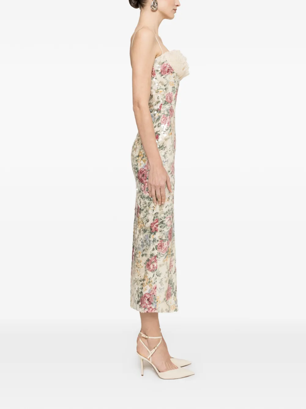 NISSA Midi-jurk verfraaid met pailletten en ruches Beige