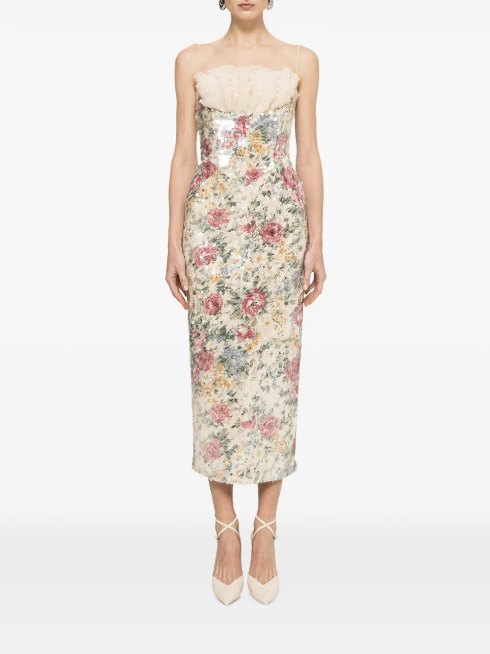 NISSA Midi-jurk verfraaid met pailletten en ruches Beige