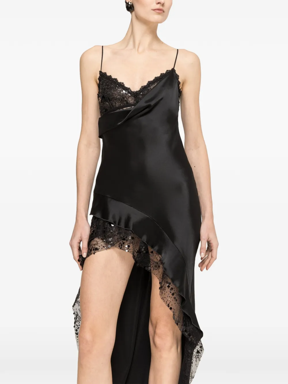 NISSA lace-trim sequin-embellished asymmetric dress - Nero