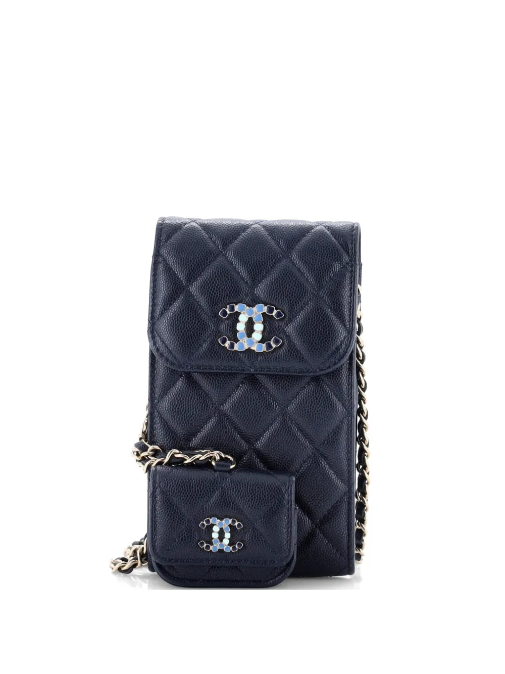 CHANEL Pre-Owned Crystal CC Flap Phone Holder with AirPods Pro Case Quilted Caviar crossbody bag - Blu