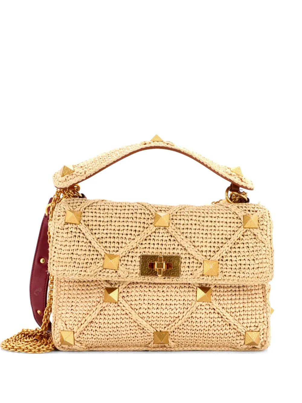 Valentino Garavani Pre-Owned Roman Stud Flap Bag Woven Raffia Medium satchel - Toni neutri