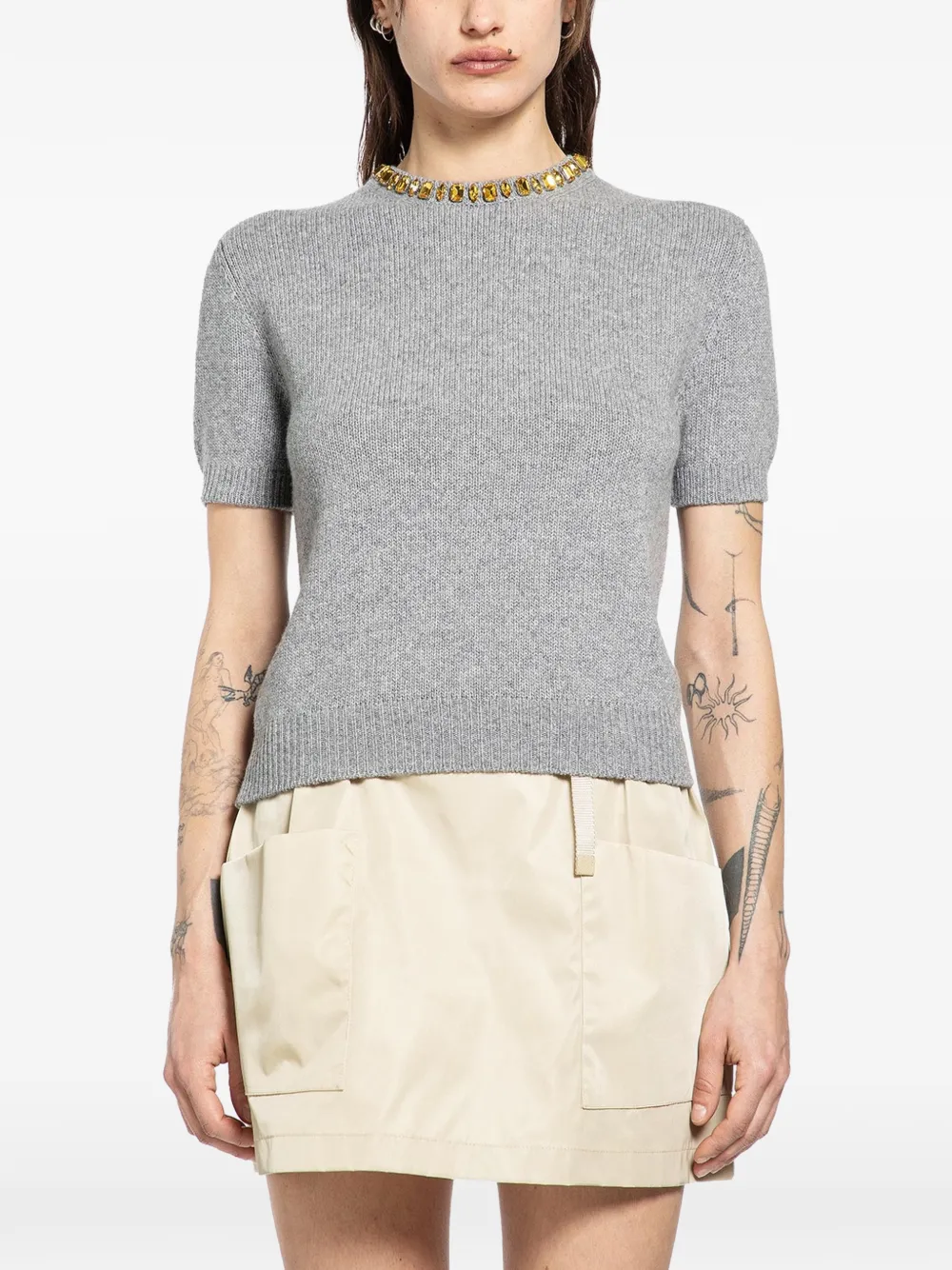 Prada crystal-embellished short-sleeved sweater - Grigio