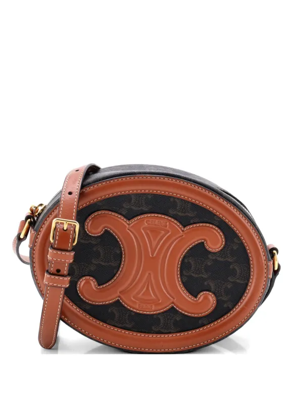 Celine Pre-owned Triomphe Oval Triomphe Coated Canvas and Leather Crossbody Bag in Brown