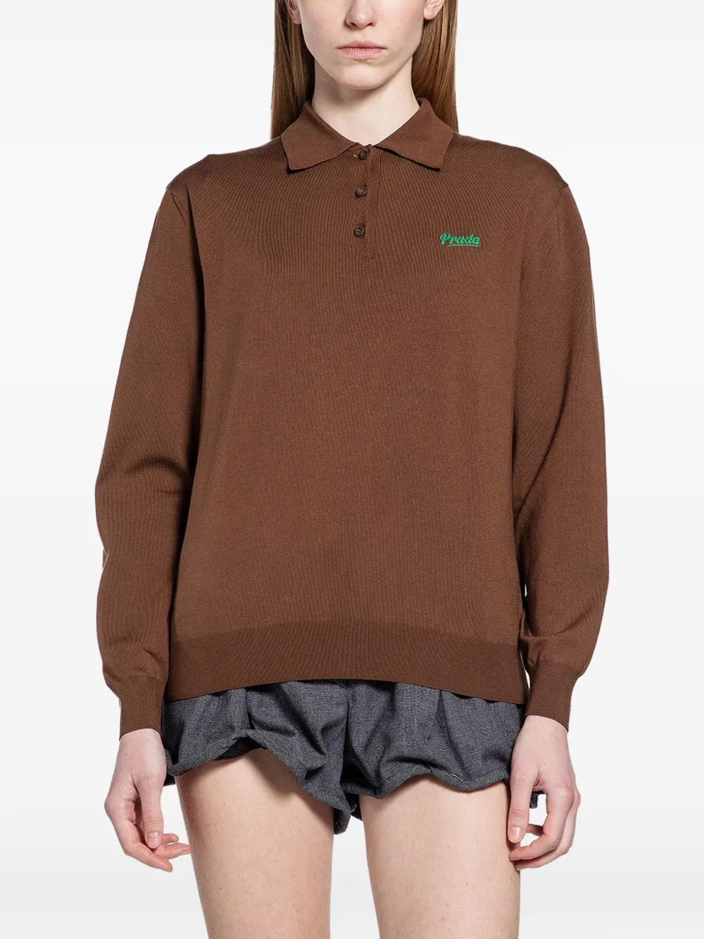 Prada logo-embroidered long-sleeve polo shirt - Marrone