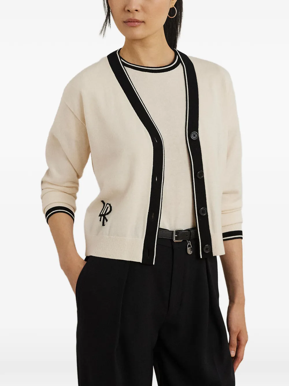 Lauren Ralph Lauren logo-embroidered contrast-trim cardigan - Toni neutri