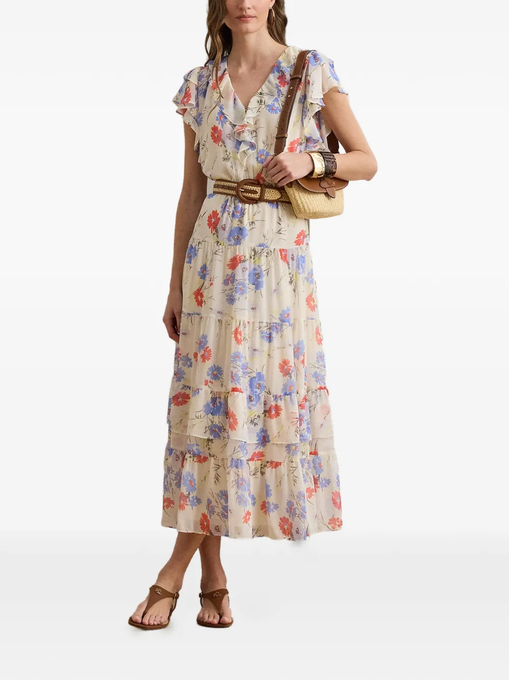 Lauren Ralph Lauren Jurk met bloemenprint en ruches Beige