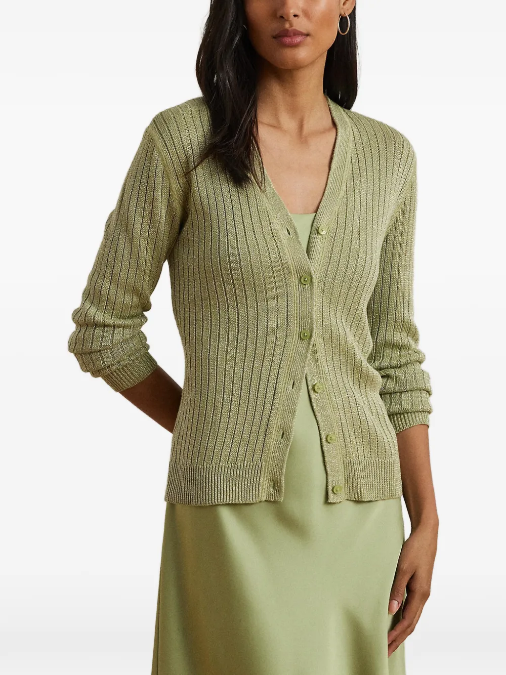 Lauren Ralph Lauren ribbed-knit metallic-thread cardigan - Grün