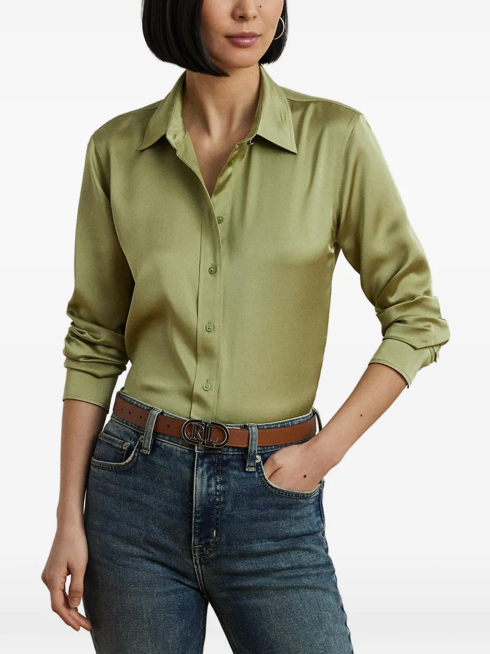 Lauren Ralph Lauren satin-finish long-sleeve shirt - Verde