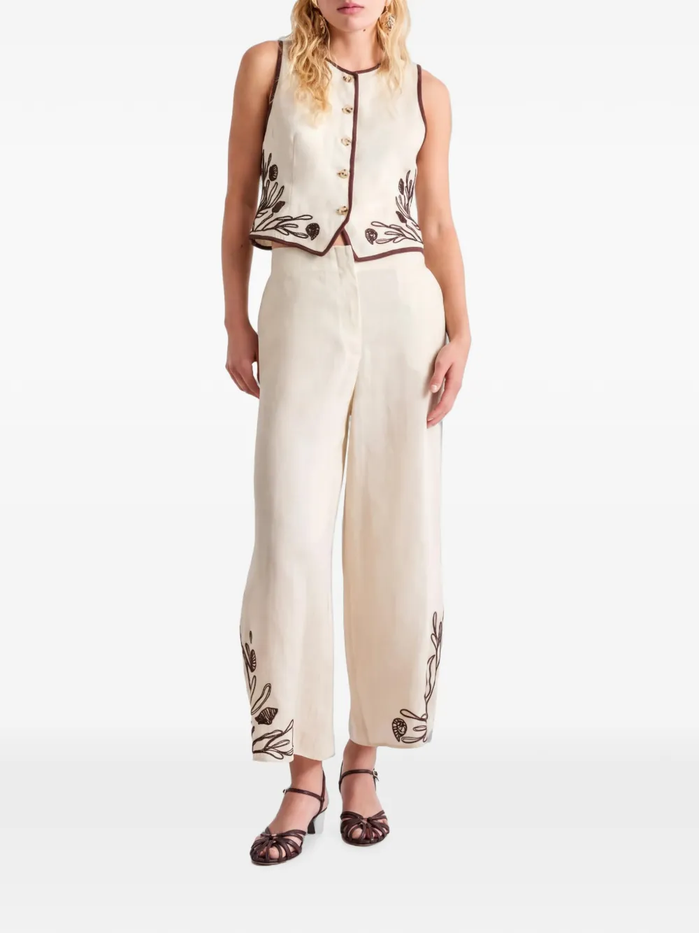 Marella MILDOLCE linnen broek met borduurwerk Beige