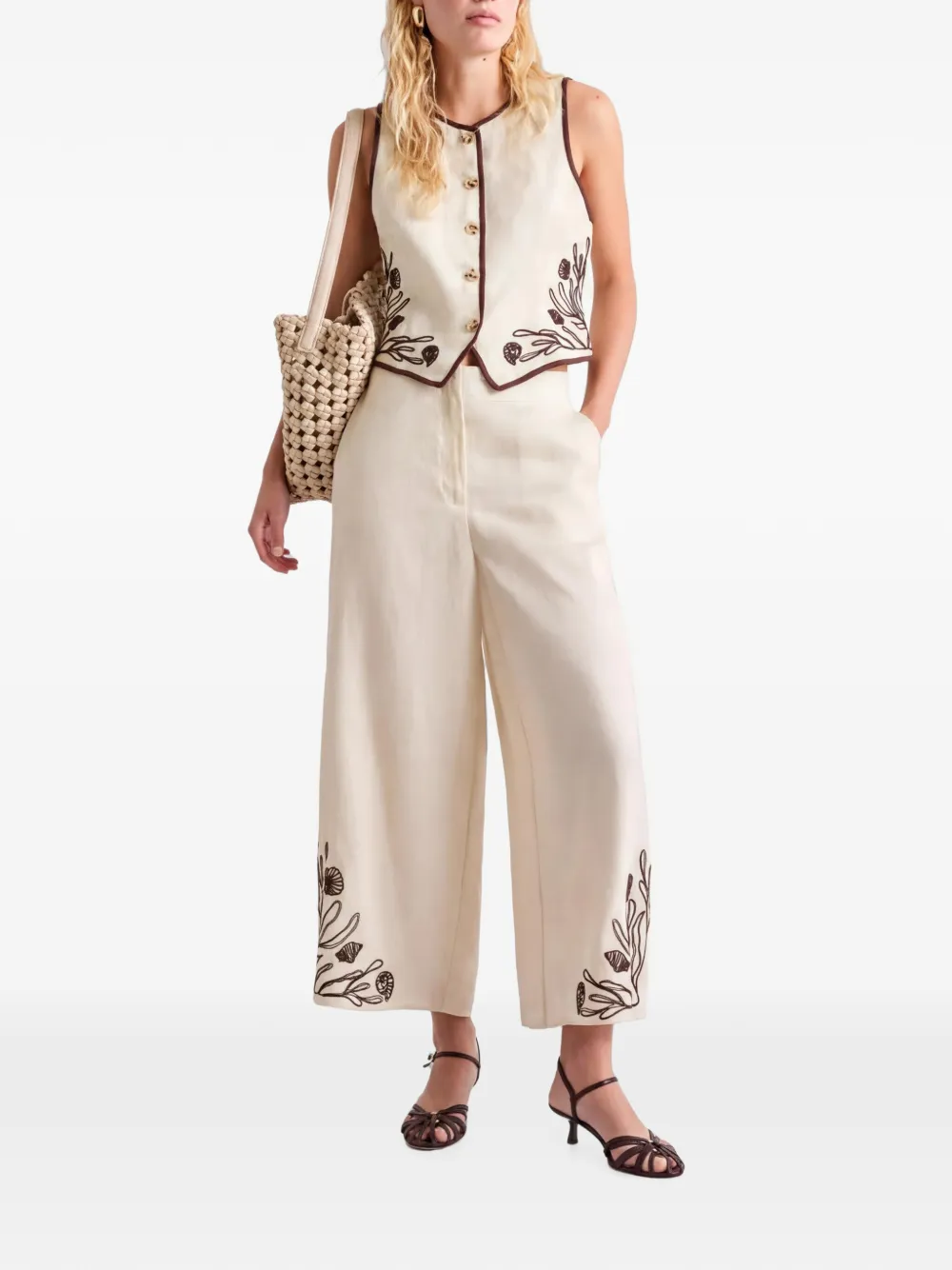Marella MILDOLCE linnen broek met borduurwerk Beige