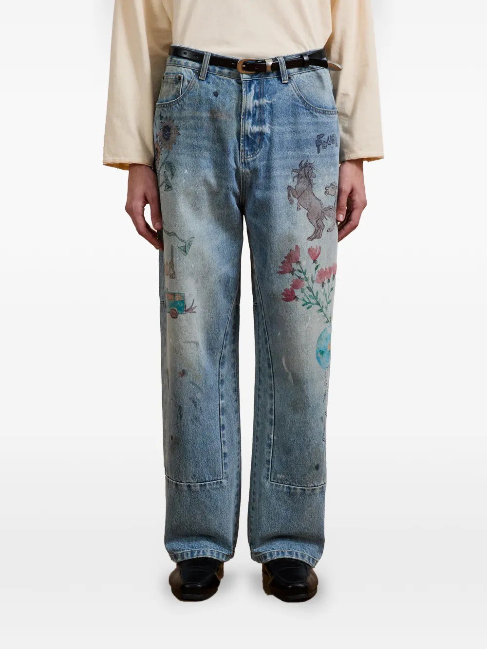 FOUND Jeans met vlakken en grafische print Blauw