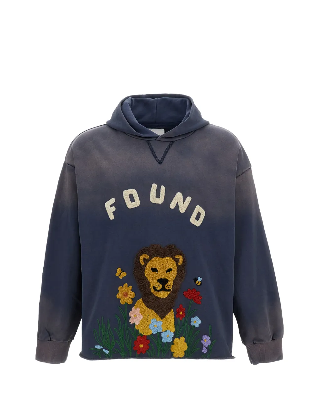 FOUND lion-embroidered raw-cut hoodie - Blu