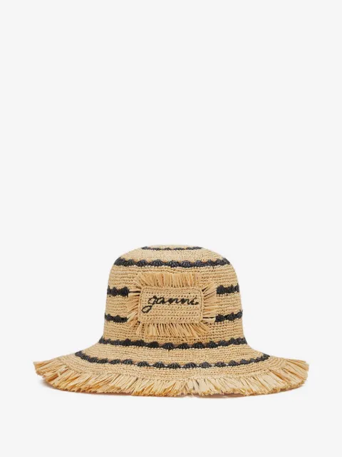 GANNI bucket hat in striped raffia