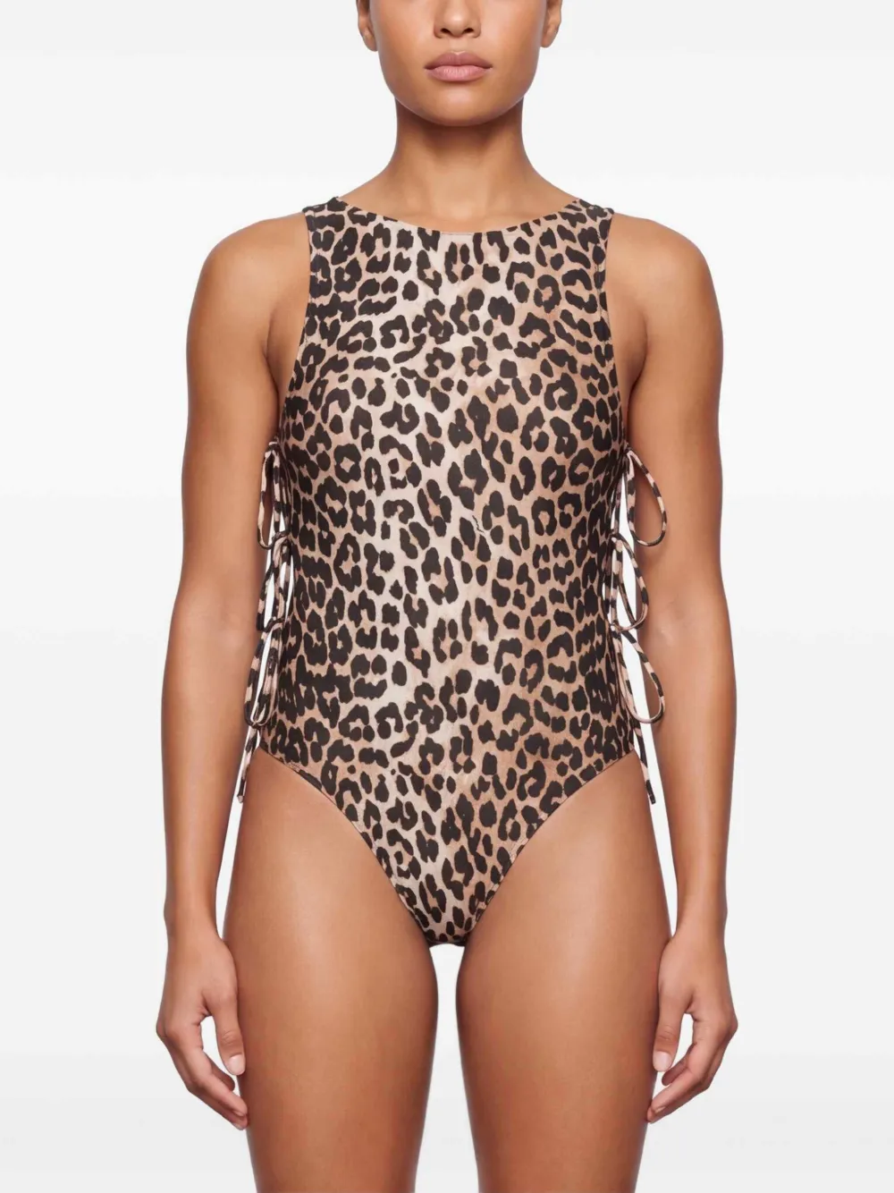 GANNI Badpak met luipaardprint en strik Beige