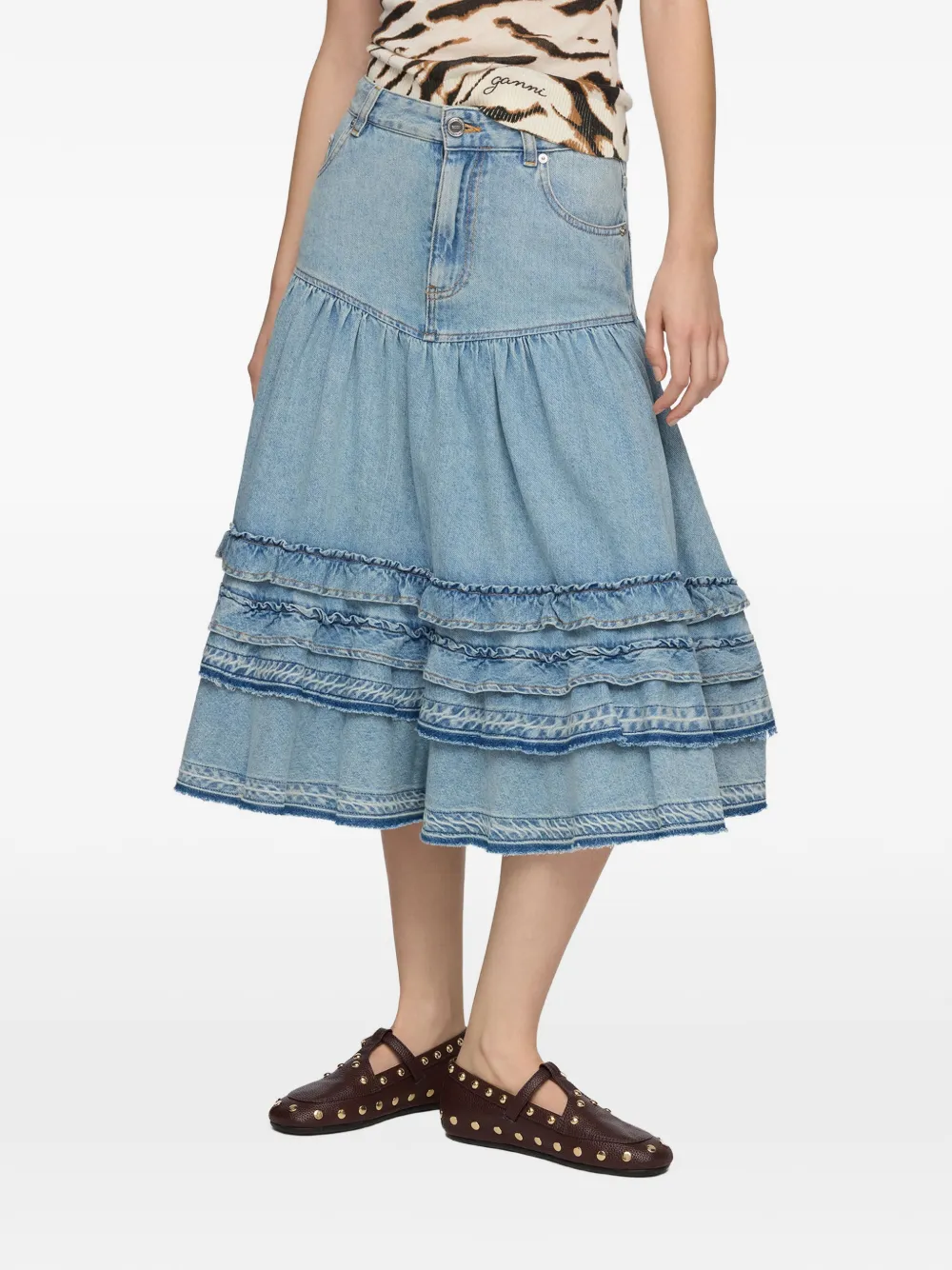 GANNI Midi-rok met ruches Blauw