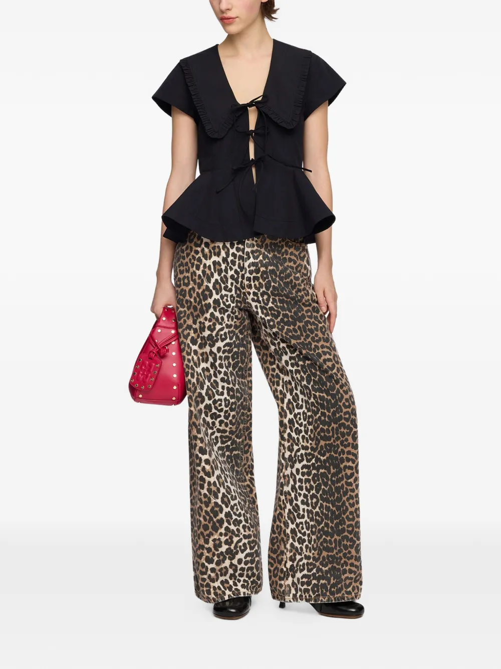 GANNI Peplum top met ruches kraag Zwart