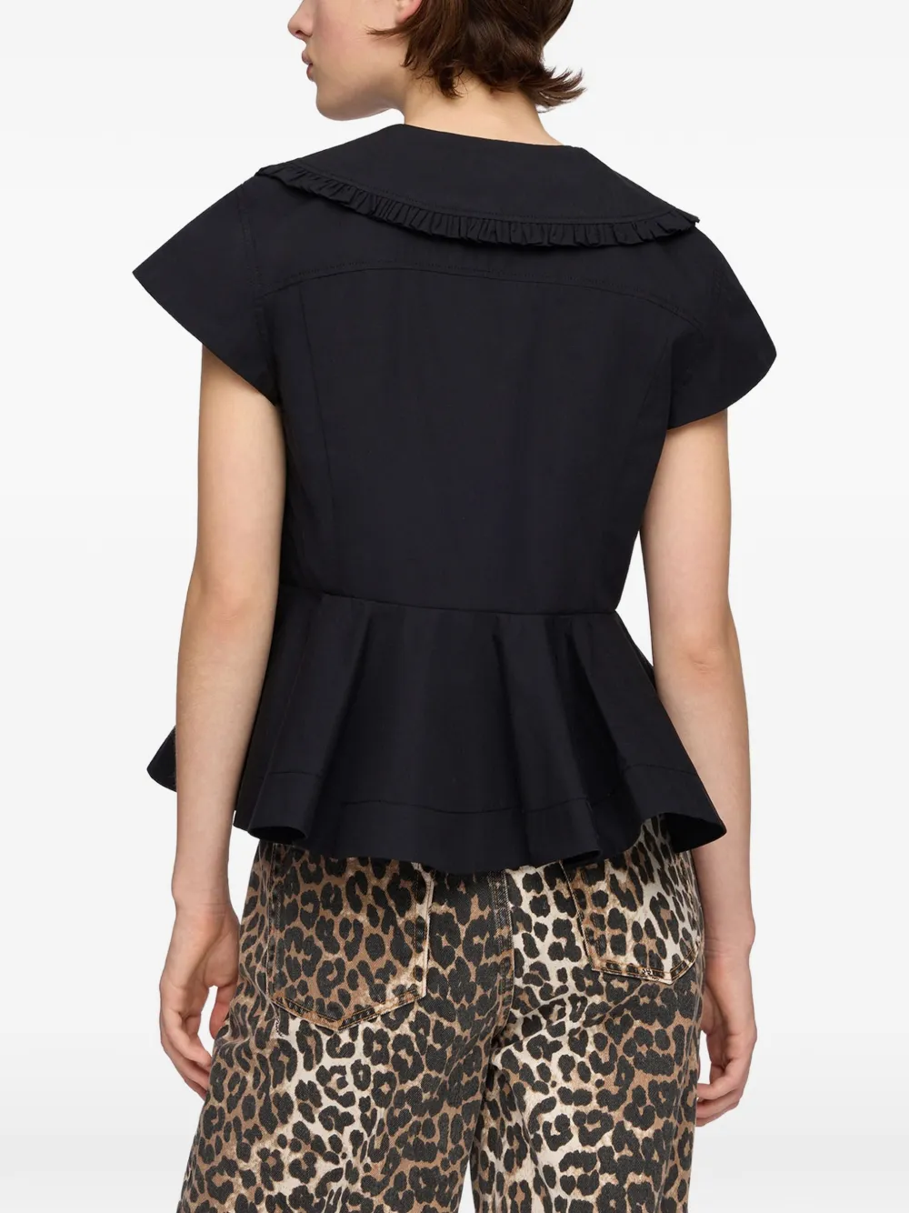 GANNI Peplum top met ruches kraag Zwart